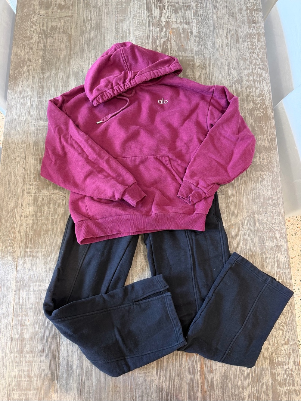 ALO Yoga Raspberry Hoodie with Black Sweatpants